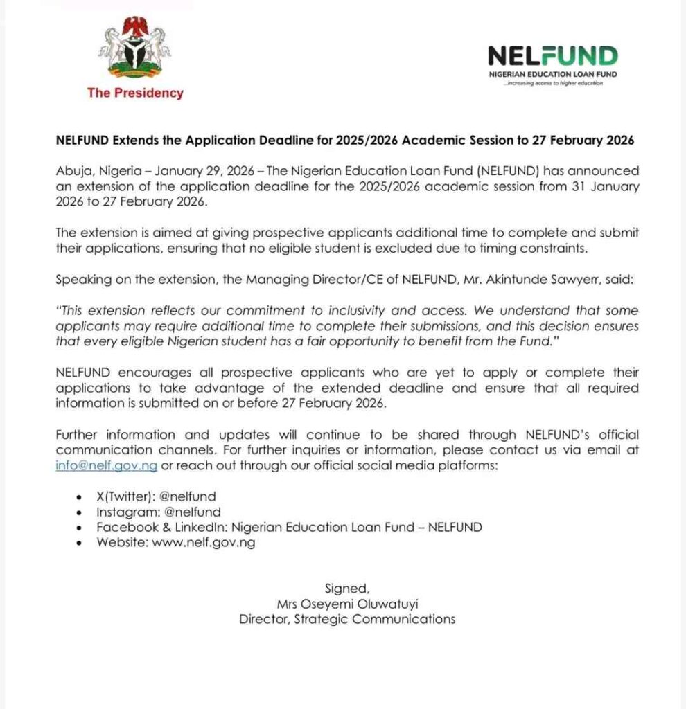 Screenshot of the announcement from Nelfund official Facebook page 
