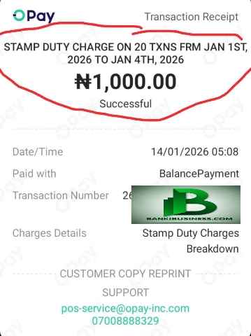 Screenshot of Stamp Duty bulk Deduction of  ₦50 from Jan 1–4, 2026 which was deducted on 14th January 2026