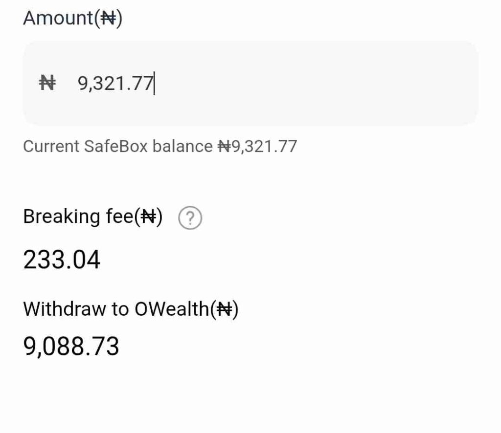 User entering withdrawal amount from Safebox savings inside OPay mobile app