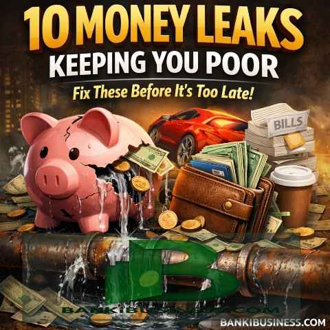 Graphic showing 10 Money Leaks Keeping people Poor 