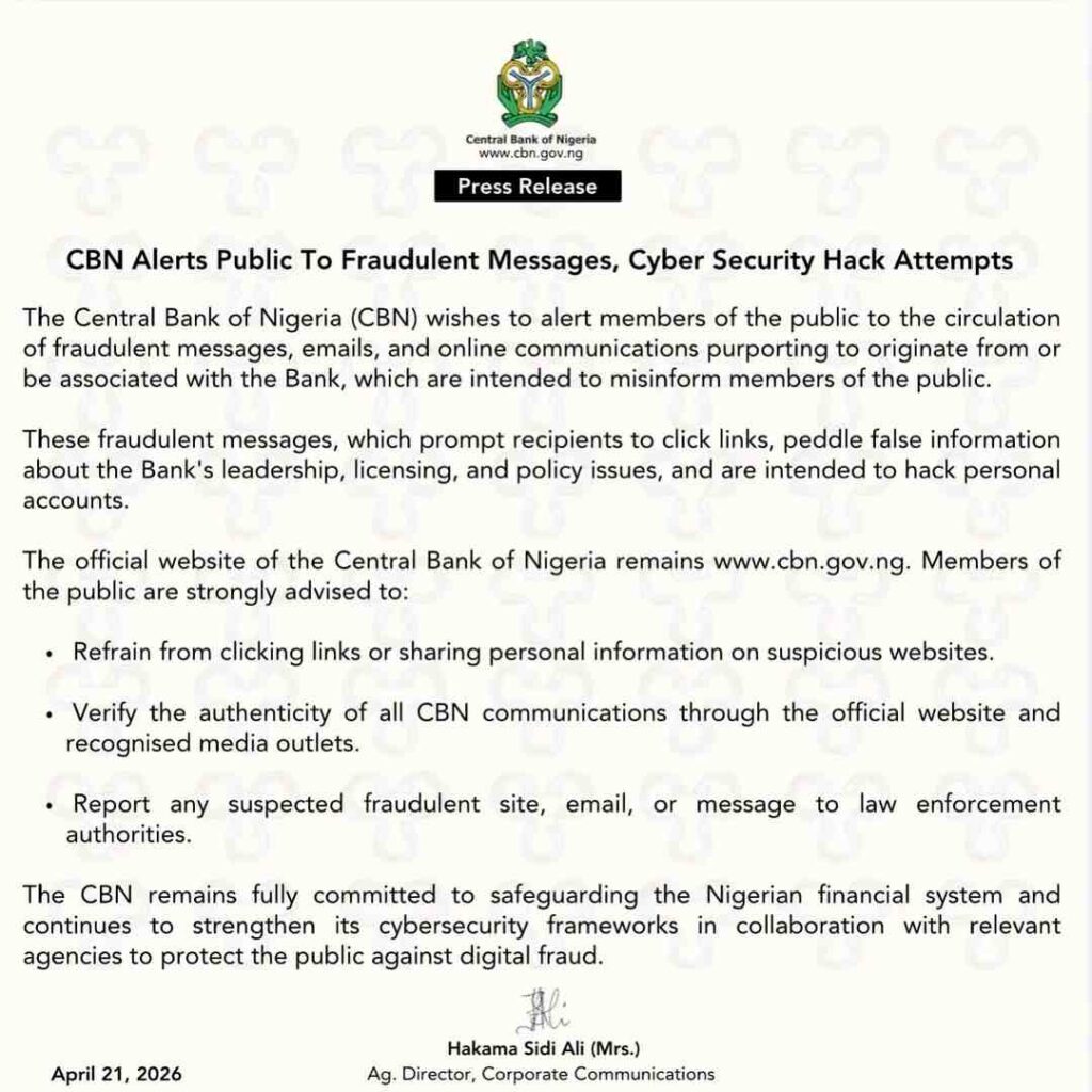 Central Bank of Nigeria (CBN) press release warning Nigerians about fraudulent messages, fake emails, and cybersecurity hack attempts, with safety guidelines to avoid scams.