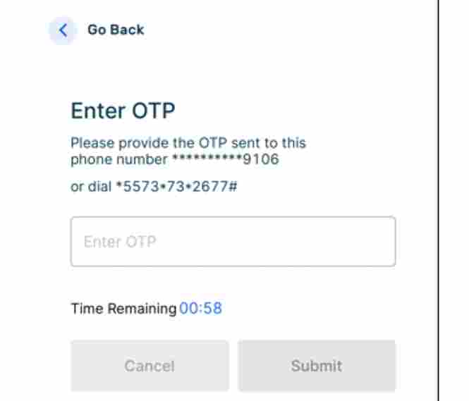 Moniepoint Business App OTP verification screen showing a 6-digit code input field sent to the registered phone number for PIN reset confirmation.