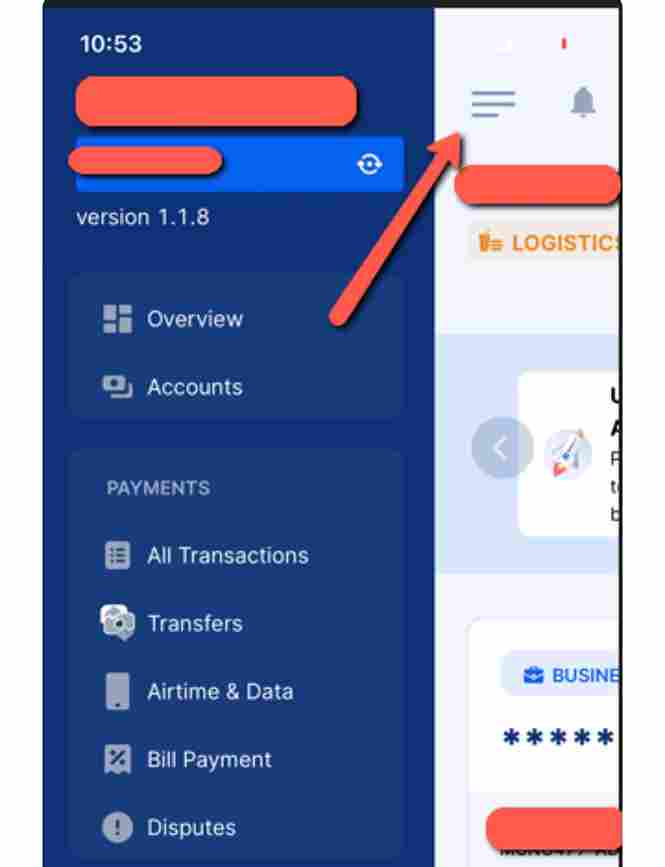 Moniepoint Business App homepage showing the three horizontal menu bars users need to click to access account options.