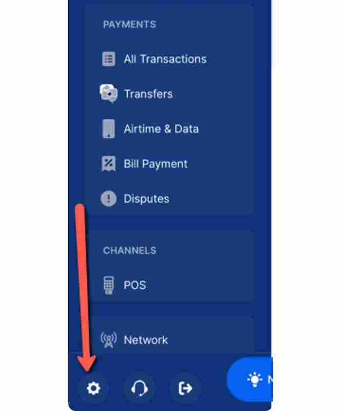 Moniepoint Business App menu screen showing the settings icon users need to tap to access account settings.