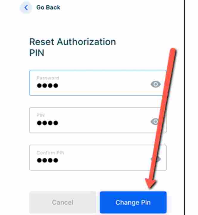 Moniepoint Business App screen showing the Change PIN button becoming active after entering current and new PIN details, ready for confirmation.