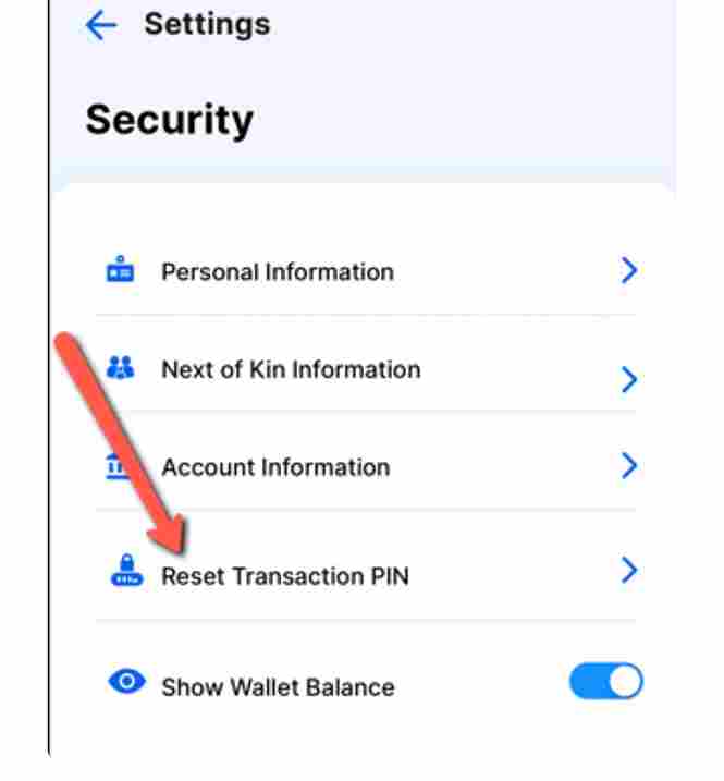 Moniepoint Business App security settings page showing the Reset Transaction PIN option users need to select.