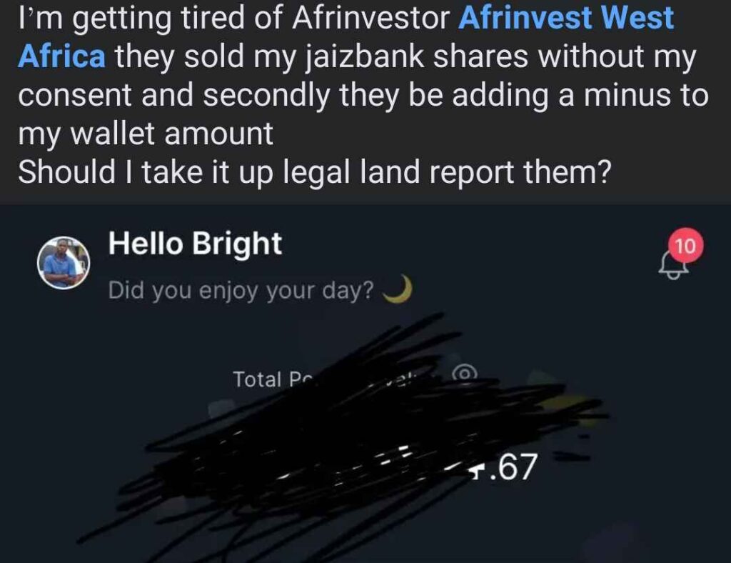Screenshot of a social media complaint from an investor alleging that Afrinvest West Africa sold his Jaiz Bank shares without consent and added a negative balance to his investment wallet.