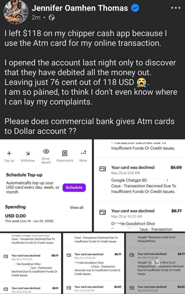 Screenshot showing a Facebook post by a Chipper Cash user alleging that $118 disappeared from her dollar wallet after multiple card-related charges linked to Google services.