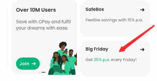 Screenshot showing where to select OPay Big Friday Fixed