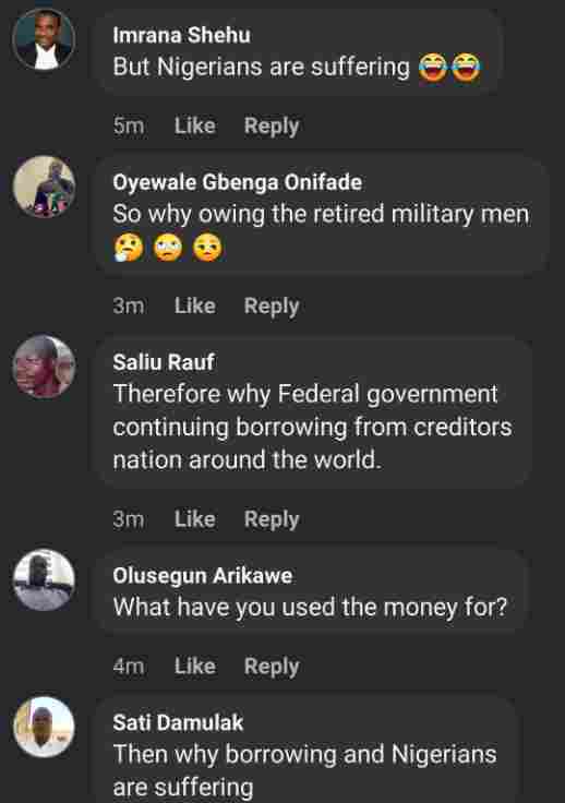 Screenshot showing Facebook users reacting to reports that Nigeria generated ₦15.8 trillion from petrol subsidy savings. Commenters question why Nigerians are still facing economic hardship, rising costs, government borrowing, poor electricity supply and unpaid obligations despite the reported savings.