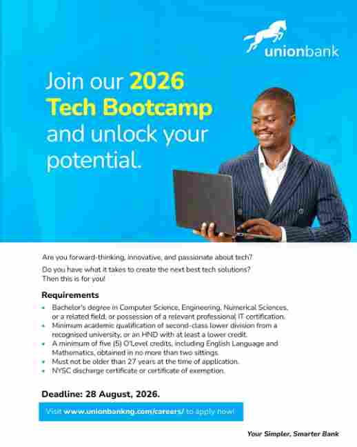 Union Bank 2026 Tech Bootcamp advertisement showing eligibility requirements, application deadline and career opportunities for young Nigerian graduates.