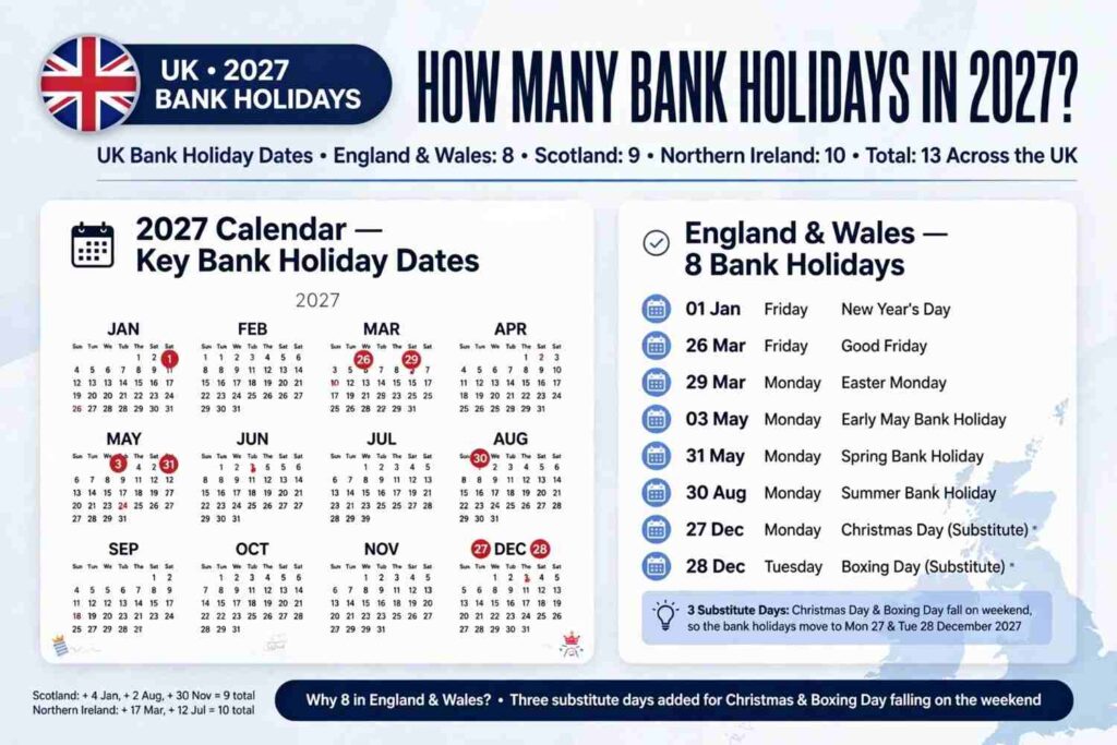 Infographic showing UK Bank Holidays 2027 calendar and list of 8 bank holidays for England and Wales including substitute days for Christmas and Boxing Day