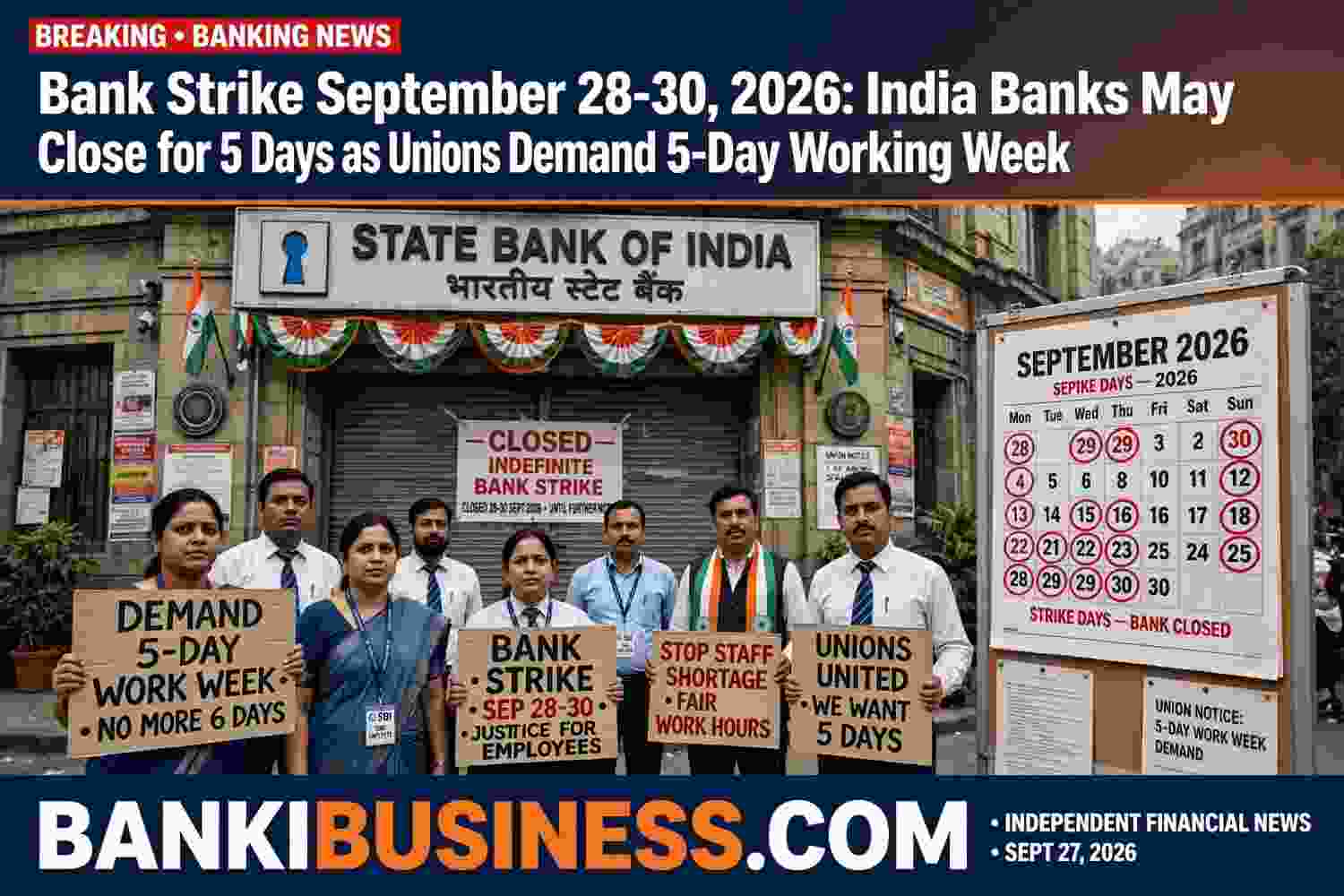 Bank Strike September 28–30, 2026: India Banks May Close for 5 Days as Unions Demand 5-Day Working Week